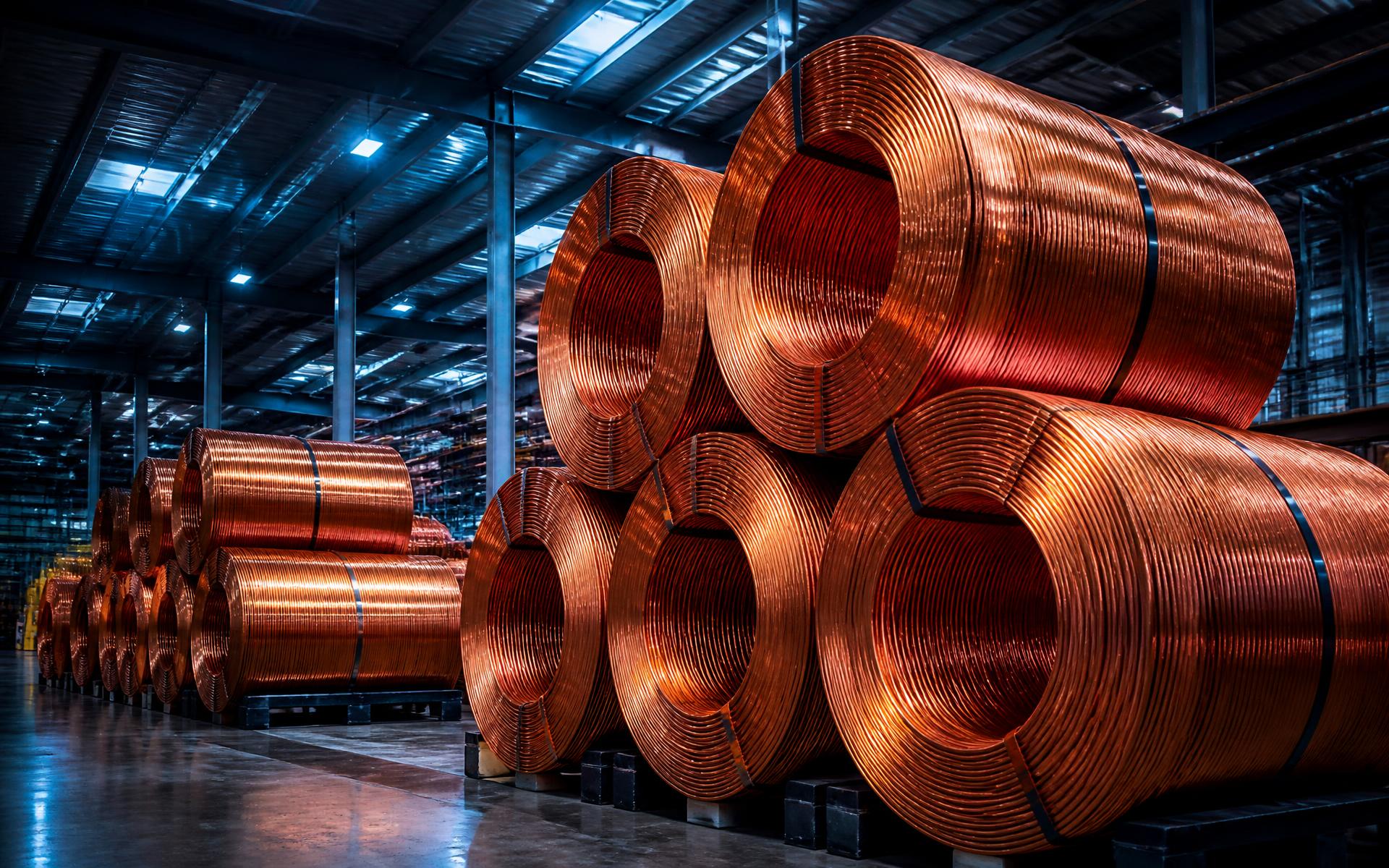Large copper wire coils stacked in a modern industrial warehouse